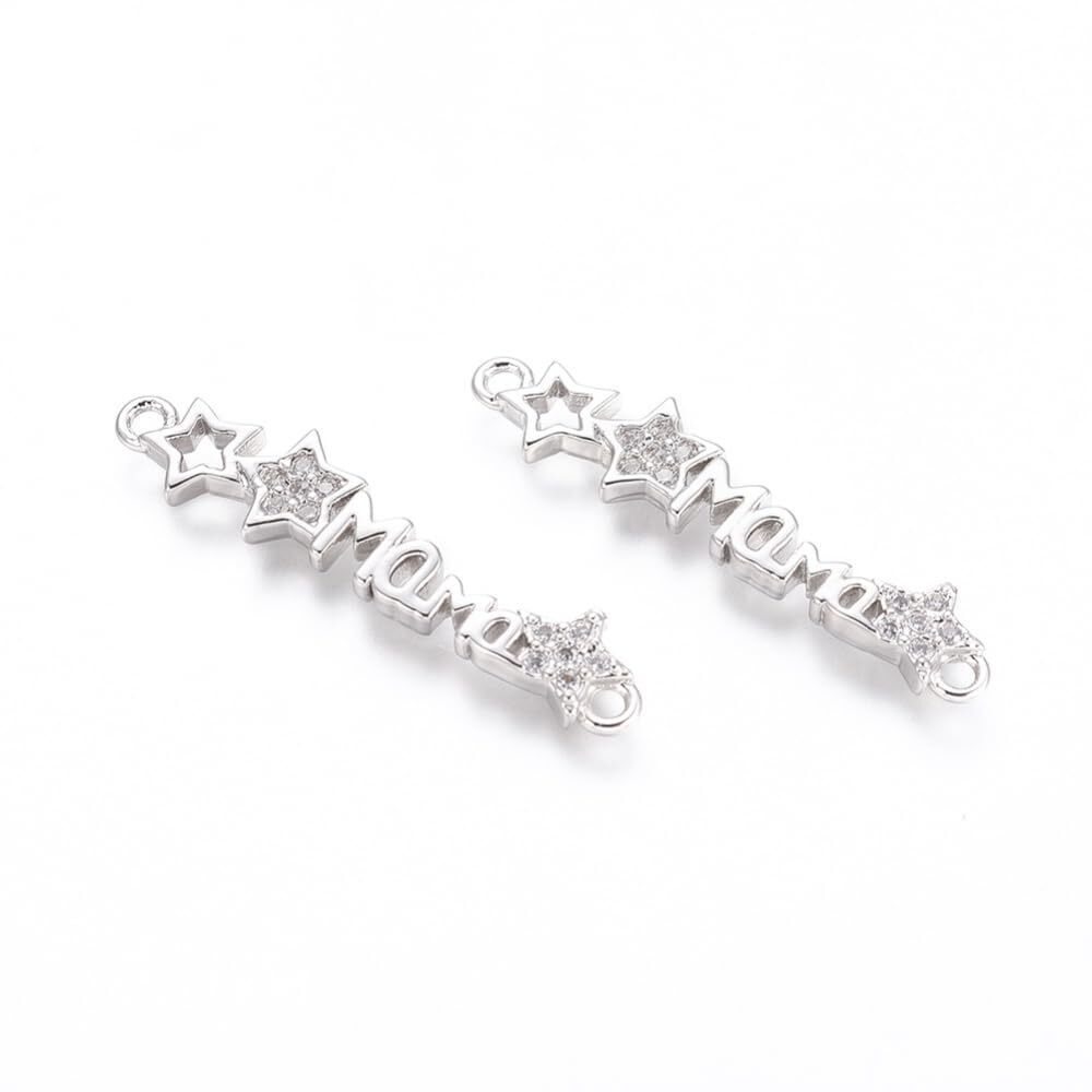 7708 5Pcs Brass Silver Mama Charms with Crystal Stars Cubic Zirconia Mother